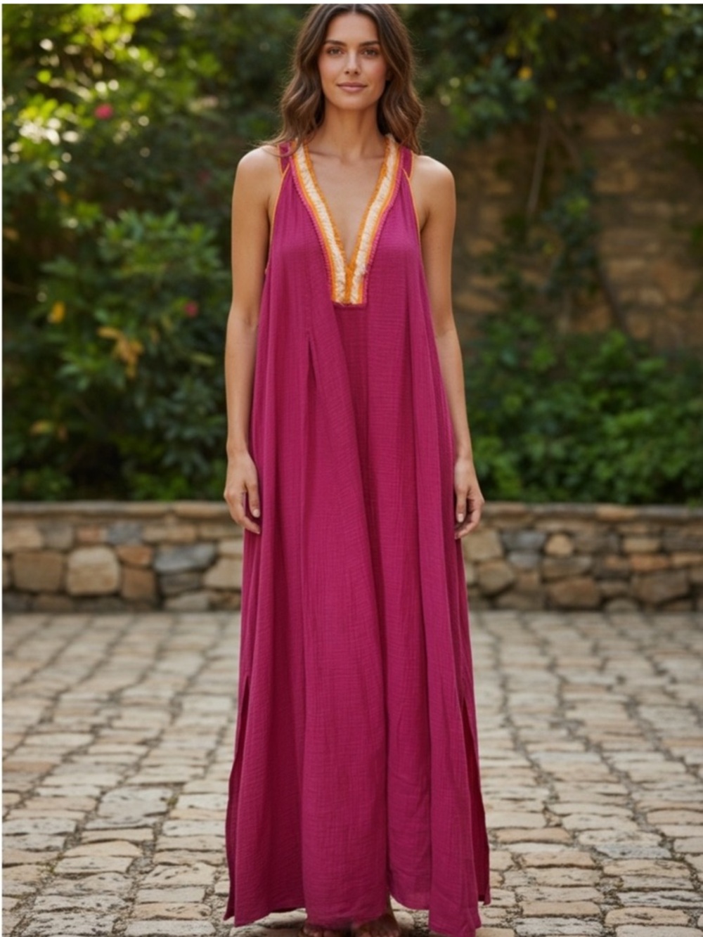 Magaschoni‎ Raspberry T- Back Fringe Gauze Organizer Cotton Dress- M